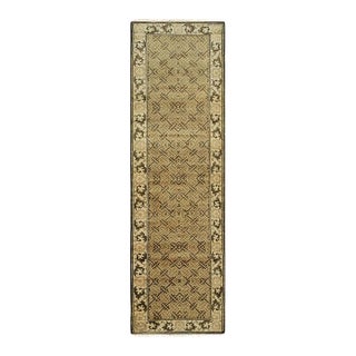 3x22 Green Hand-Knotted Wool Scrolled Leaf Border Geometric Modern Carpet Rug For Sale