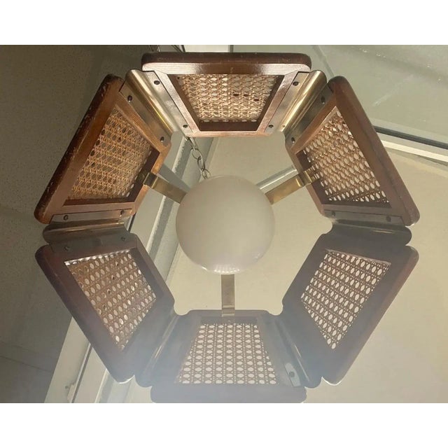 Mid-Century Modern 1970’s Boho Chic Cane and Wood Pendant Light For Sale - Image 3 of 8