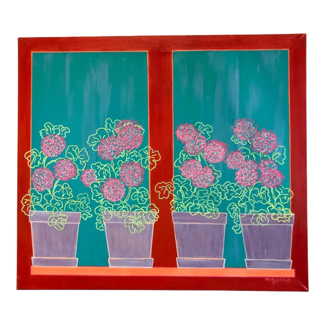 1990s Fauvist Style Oil Painting of Flower Planters in a Window by Molly Schiff For Sale