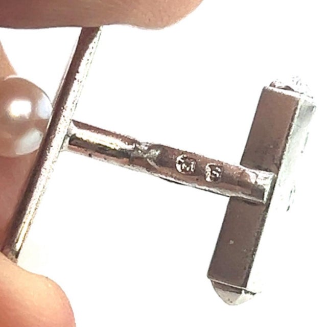 Japanese 1990s Pair of Mikimoto Estate Akoya Pearl Cufflinks Sterling Silver 6 mm For Sale - Image 3 of 5