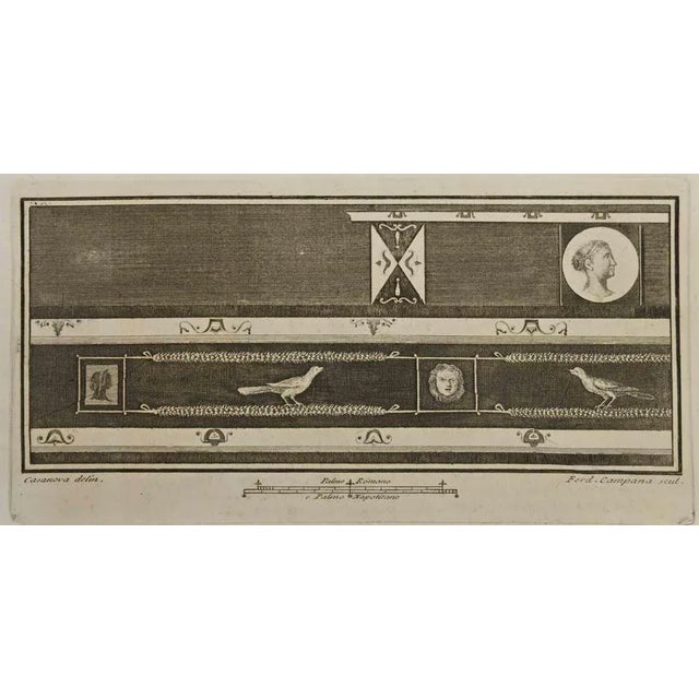 Ancient roman fresco from herculaneum, is an etching on paper realized by ferdinando campana in the 18th century. Signed...