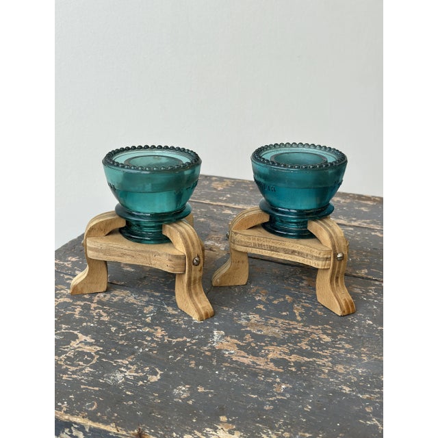 Vintage Make-Do Hemingray Glass Insulator Candleholders With Laminated Wood Bases, a Pair, Circa Mid 20th Century For Sale - Image 12 of 18