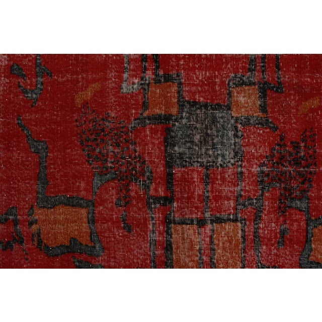 Textile 1960s Vintage Mid-Century Modern Rug in Red and Black, Distressed Deco Pattern For Sale - Image 7 of 8