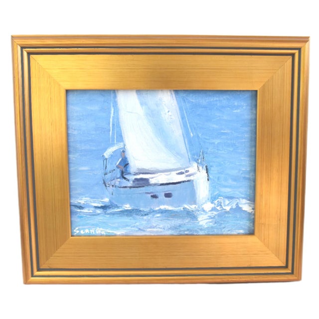 2020s Sailboat Nautical Ocean Oil Painting Including the Antiqued Gold Wood Frame For Sale - Image 5 of 5
