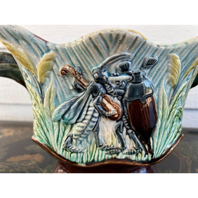 Pair Antique French Majolica Jardinières Insect Musician Cache Pot Planter C1880 For Sale - Image 11 of 18