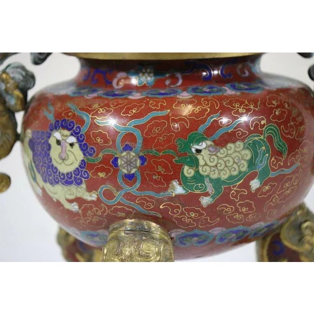 Republic Period Chinese Cloisonne Gilt Tripod Lidded Censer For Sale - Image 4 of 11