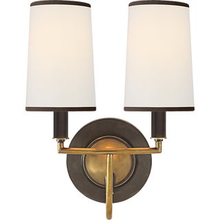 Thomas O'Brien for Visual Comfort Signature Elkins Double Sconce in Bronze and Hand-Rubbed Antique Brass with Linen Shades with Black Trim For Sale