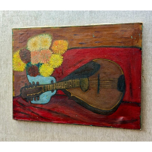 Signed lower right and signed, titled and dated on the reverse: Abe Zuckerman, 1958, Still Life, Mandolin and Flowers....