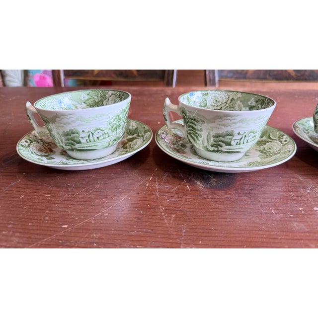 Enoch Wood & Sons 1940s Wood's "English Scenery" Green Transfer Cups and Saucers - Set of Four Enoch For Sale - Image 4 of 12