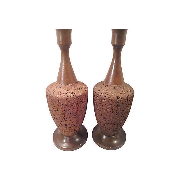 Laurel Lamp Company cork table lamps with long walnut necks. 6" D x 29"H to top of socket, working 3 way sockets.. No...