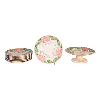 French 19th Century Majolica Compote and Plates with Roses, Sold Individually For Sale