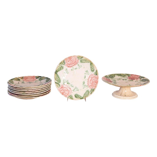 French 19th Century Majolica Compote and Plates with Roses, Sold Individually For Sale