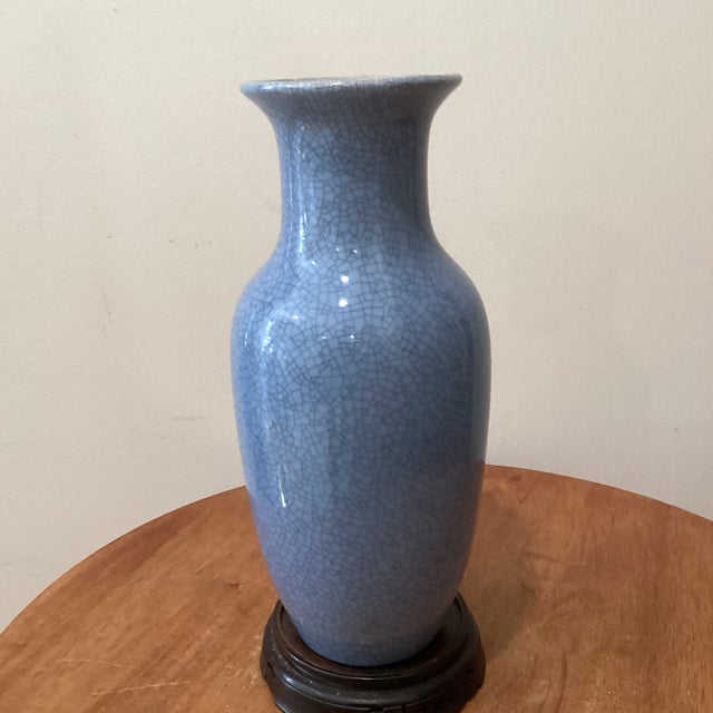 Vintage Chinese Blue Crackle Glaze Porcelain Baluster Vase on Wood Base For Sale - Image 12 of 12