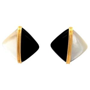 1980s Asch Grossbardt Onyx and Mother-of-Pearl 14K Gold Earrings Pierced Ears