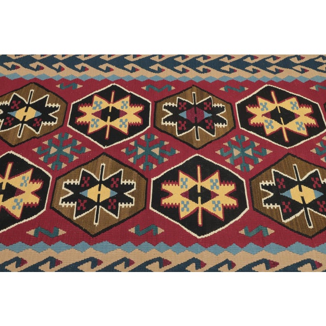 1970s Scandinavian Style Geometric Design Red Handmade Oushak Kilim Runner Rug For Sale In Sacramento - Image 6 of 12