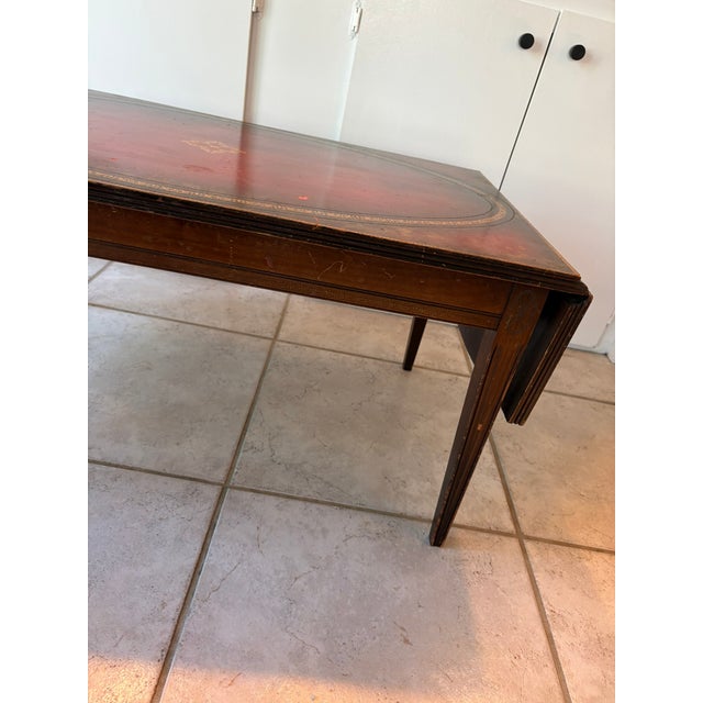 Mid 20th Century English Regency Style Leather Top Drop Leaf Game Table With Tooled Gilt Decoration For Sale - Image 12 of 17