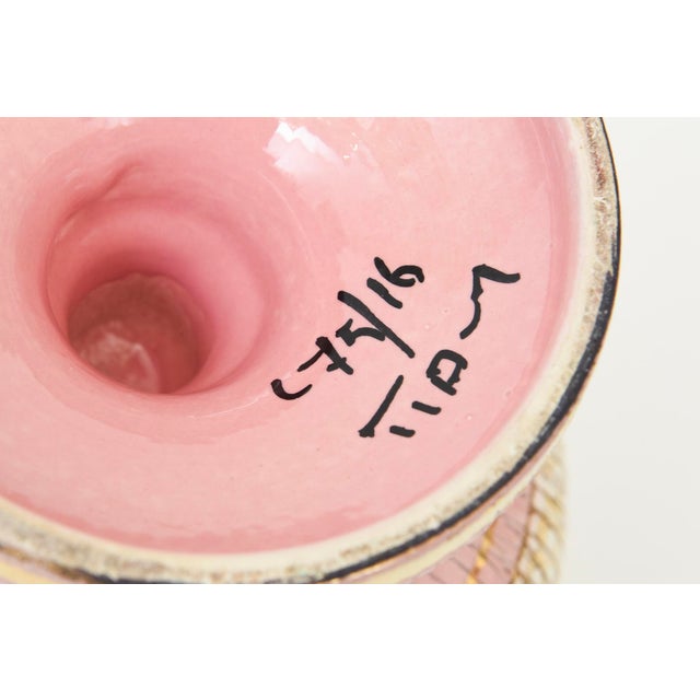 Vintage Aldo Londi for Bitossi Ceramic Seta Pedestal Bowl Pink, Brown, Gold Off White Yellow Hallmarked For Sale - Image 11 of 11