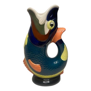 Late 20th Century Gluggle Fish Ceramic Pitcher in Teal, Orange and Chartreuse For Sale