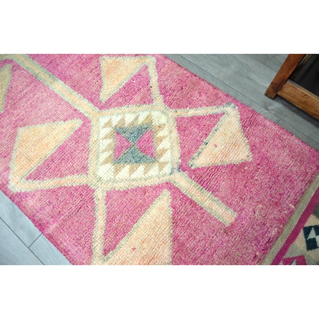 Bright Pink 1960s Vintage Pink Color Geometric Handmade Turkish Runner For Sale - Image 8 of 11