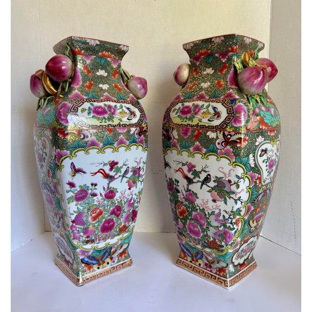 Rose Pair of Chinese Porcelain Hand-Painted Famille Rose Vases With Plum Fruit Handles For Sale - Image 8 of 12