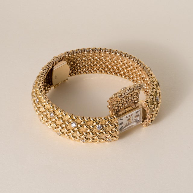 Vintage Concord Hidden Watch 1 Carat Diamonds 14k Flexible Woven Gold Bracelet For Sale - Image 4 of 8