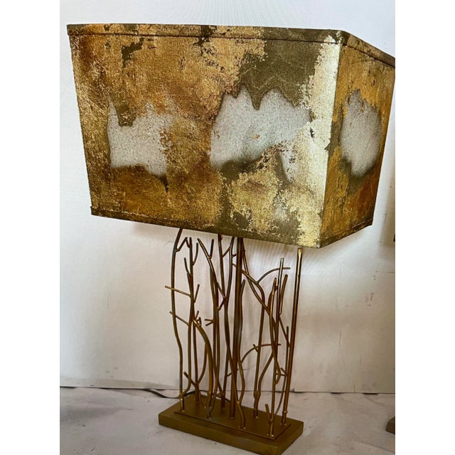 Wood Vintage 1970s Modern Tropical Bamboo Gilt Metal Gilt Linen Table Lamp For Sale - Image 7 of 11