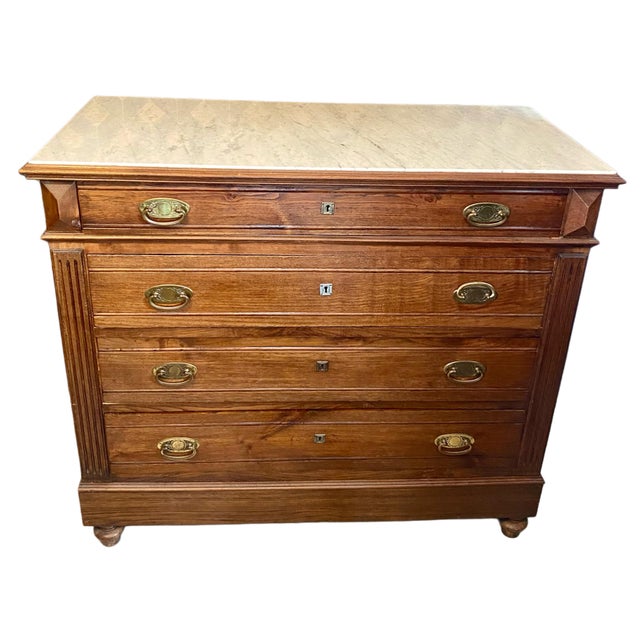 Brown Vintage Louis Philippe Chest of Drawers with White Marble Top, 1920s For Sale - Image 8 of 8