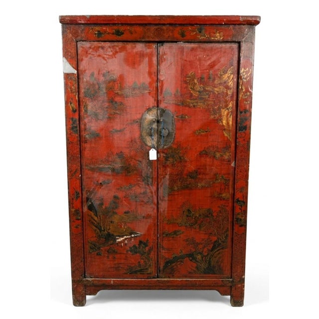 Wood Early 19th Century Hand Painted Red Lacquer Cabinet For Sale - Image 7 of 7