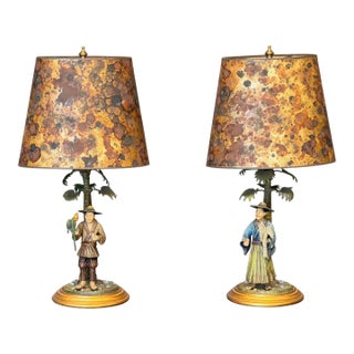 Pair of Cold Painted Bronze Figural Lamps With Mottled Paper Shades For Sale