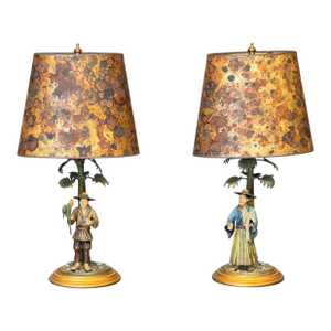 Pair of Cold Painted Bronze Figural Lamps With Mottled Paper Shades