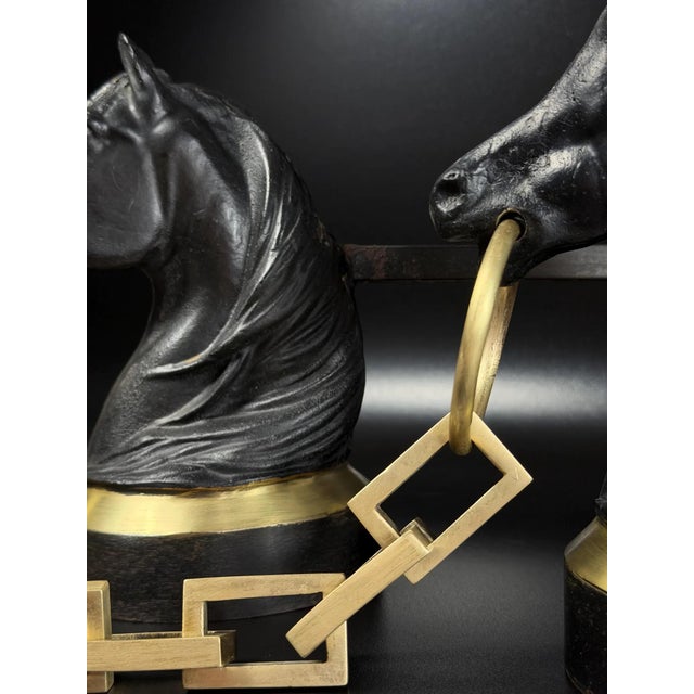 French Horse Head Andirons in Brass and Iron, 1950s, Set of 2 For Sale - Image 4 of 17