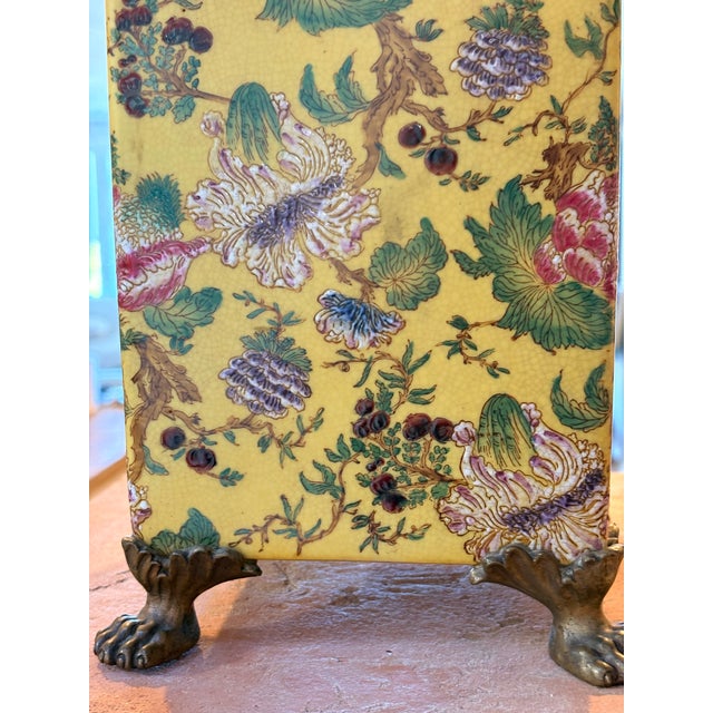 Vintage Set of 2 Large Yellow Gold Paw Footed Garden Urn Jars Brass Caps For Sale - Image 11 of 18