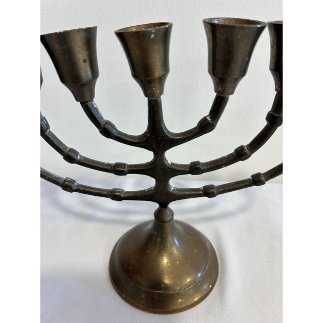 Mid-Century Modern Vintage Solid Brass Seven-Branch Menorah Candelabra For Sale - Image 3 of 9