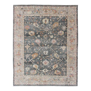 Keivan Woven Arts Angora Turkish Oushak Rug in Dark Green, Silver Gray, Orange, and Hints of Pink For Sale