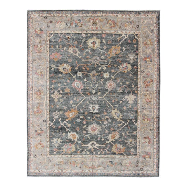 Keivan Woven Arts Angora Turkish Oushak Rug in Dark Green, Silver Gray, Orange, and Hints of Pink For Sale