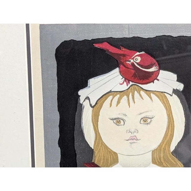 Mid-Century Modern 1959 Jun'ichiro Sekino Pencil-Signed Japanese Woodblock Print, "Young Girl With Two Cardinals" - Framed For Sale - Image 3 of 10