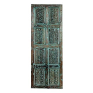Vintage Blue Carved Wood Sliding Barn Door For Sale