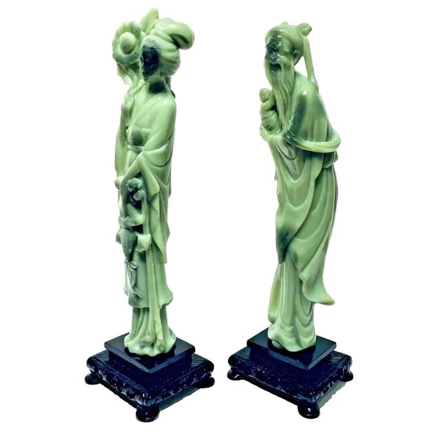 Japanese Vintage 1960s Gino Ruggeri for Wony, Italy Faux Green Jade Japanese Couple Sculpture Figurines - Set of 2 For Sale - Image 3 of 11