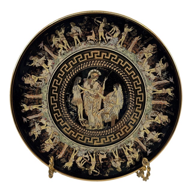 Vintage Black and 24 K Gold Hand Painted Greek Depastas Ceramic Decorative Plate by Stakias P For Sale