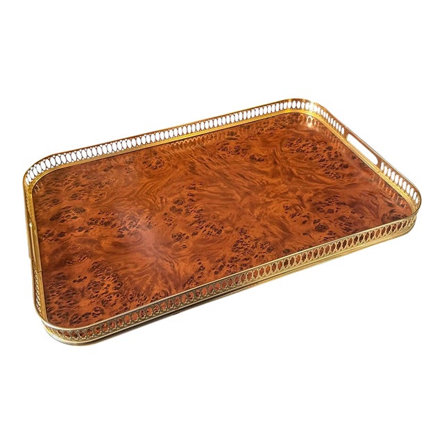 1980s Victorian Style Faux Walnut Root Formica and Brass Tray by Mb Italy For Sale