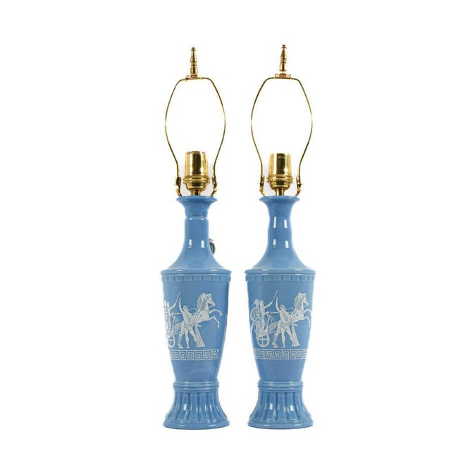 Mid 20th Century Vintage Jim Beam Blue Milk Glass Table Lamps With Greco‑Roman Chariot Reliefs, Pair For Sale - Image 5 of 5