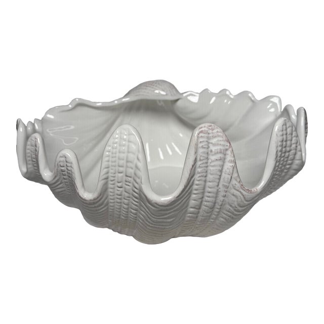 Vintage Monumental White Ceramic Clamshell Serving Bowl For Sale