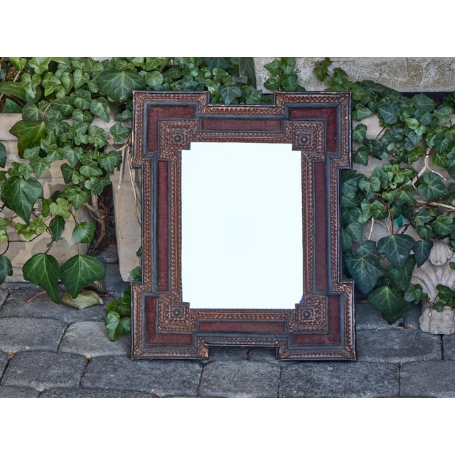 Brown Antique French Tramp Art Mirror with Stepped Corners, circa 1900 For Sale - Image 8 of 12