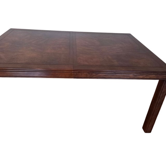 Wood 1980s Henredon Scene One Campaign Oak Burlwood Dining Room Parson Table Extension For Sale - Image 7 of 18