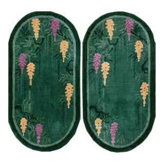 Beautiful Green Background Floral Pattern Pair of Antique Chinese Art Deco Rugs For Sale