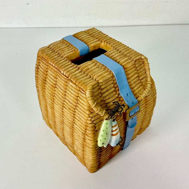 1990s Vintage Arts & Crafts Adirondack Rustic Faux Wicker Fishing Basket Tissue Box Cover For Sale - Image 6 of 11
