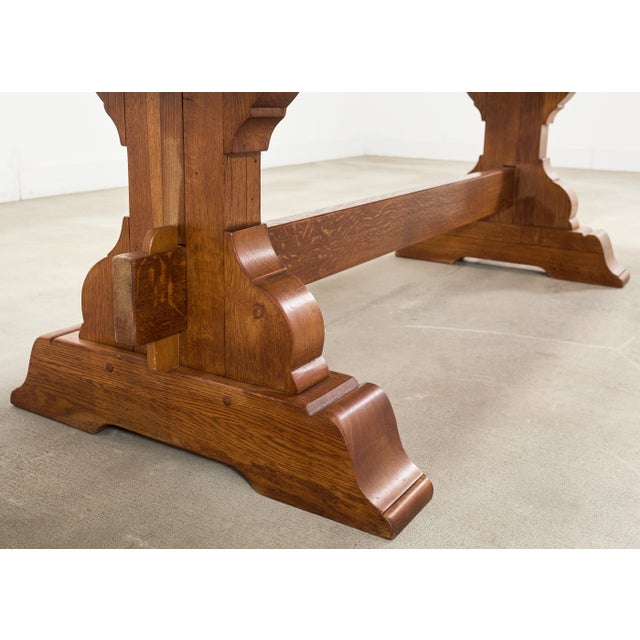 French Provincial Country Oak Trestle Farmhouse Dining Table 7Ft For Sale - Image 11 of 18