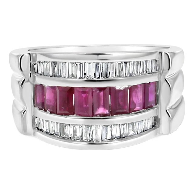 Ruby & Diamond Baguette Cocktail Ring 2.00cttw 14k White Gold, Size 5 For Sale