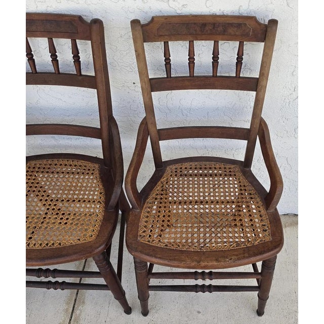 Antique Walnut Victorian Spindle Back Cane Seat Dining Chairs Set of 6 For Sale In Miami - Image 6 of 18
