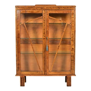 Antique English Art Deco Carved Oak Bookcase or Display Cabinet, Circa 1920s For Sale